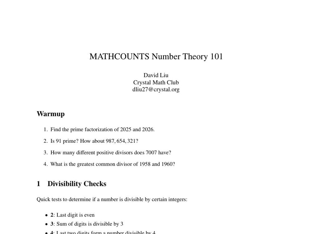 First page of the MATHCOUNTS Number Theory 101 handout