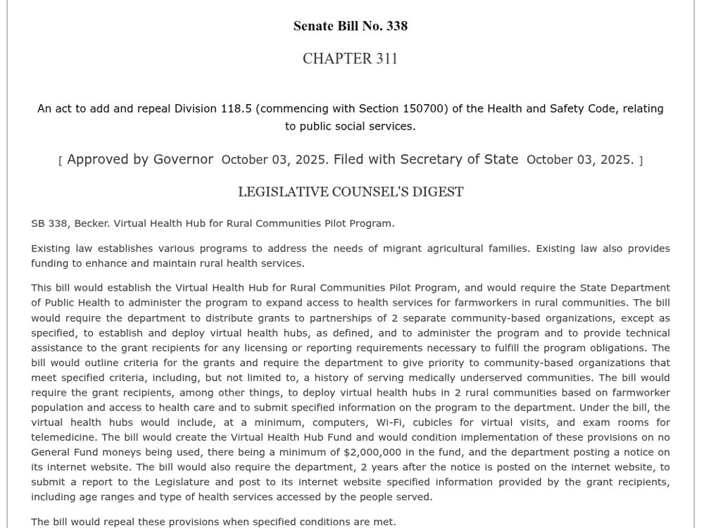 The chaptered text of Senate Bill 338 on the California Legislative Information site