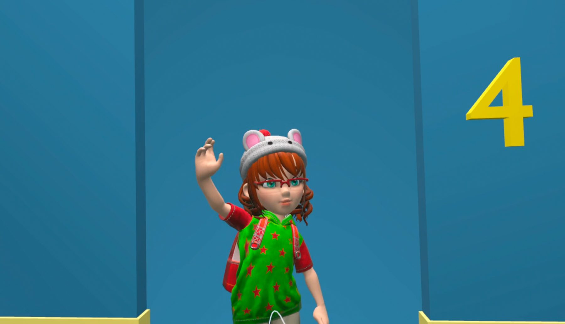 In-game view of the Elevator Game: a cartoon child avatar in a red hat waving inside a teal elevator with a large yellow number 4 on the wall.
